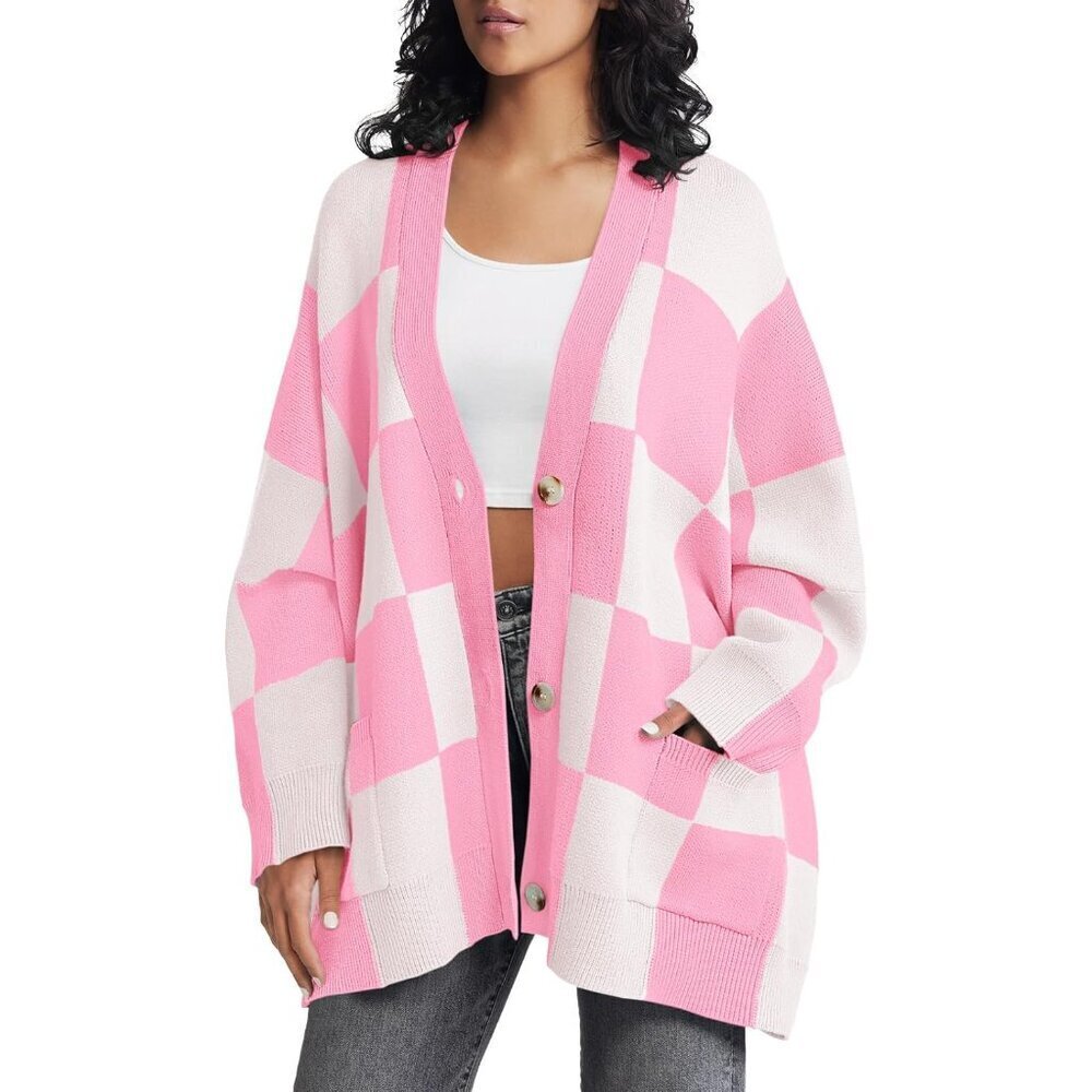 Women's Plaid Knit Cardigan Oversized V-Neck Button Front Fashionable Cozy